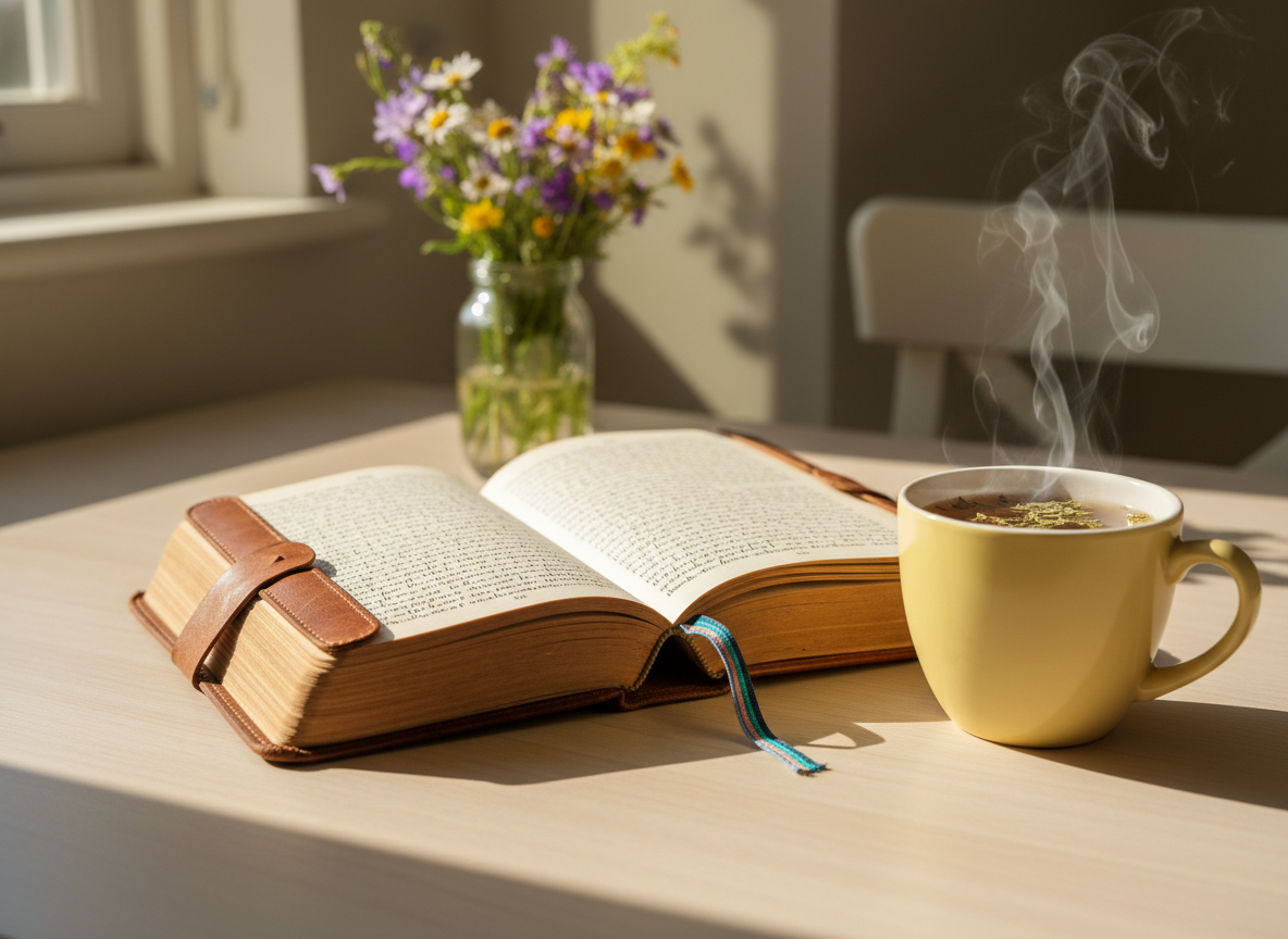 A well-worn, soft leather journal lies open on a pale wooden kitchen table, its pages filled with neat, tiny handwriting and a colorful ribbon bookmark tucked near the center. Beside it rests a steaming mug of herbal tea in a pastel yellow ceramic cup, with faint wisps of steam curling upward. Morning light pours through an unseen window, casting gentle, warm beams across the table and creating playful shadows from a small vase of wildflowers in the background. Captured at eye level with a shallow depth of field, the journal and cup are in crisp focus while the background softly blurs. The photographic realism and bright, airy mood suggest quiet, daily moments of faith, reflection, and joy in ordinary life.